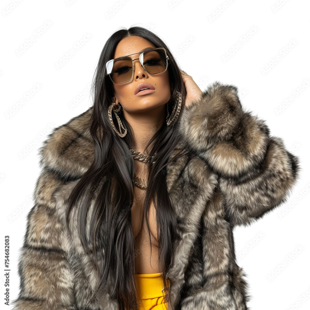 front view mid body shot of extremely beautiful female Latin model wearing a oversized fur coat with sunglasses on a white transparent background. front view mid body shot of extremely beautiful female Latin model wearing a oversized fur coat with sunglasses on a white transparent background.