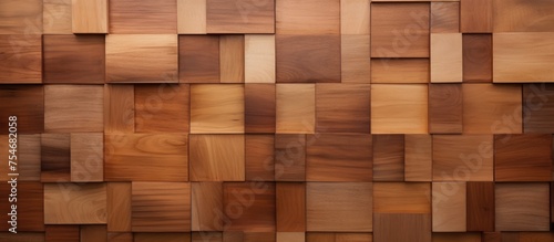 A close-up of a wooden wall featuring a meticulously crafted pattern of squares in various shades of brown  creating a visually striking abstract design.
