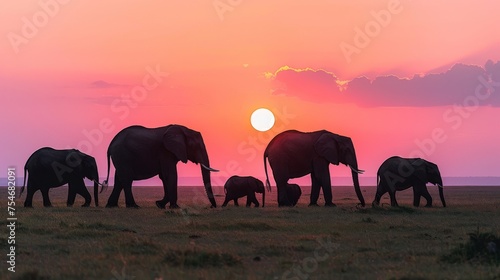 Vibrant African Savanna Sunset with Elephant Family Silhouette.