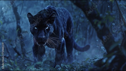 Moonlit Elegance: Black Panther in Enigmatic Forest Scene.