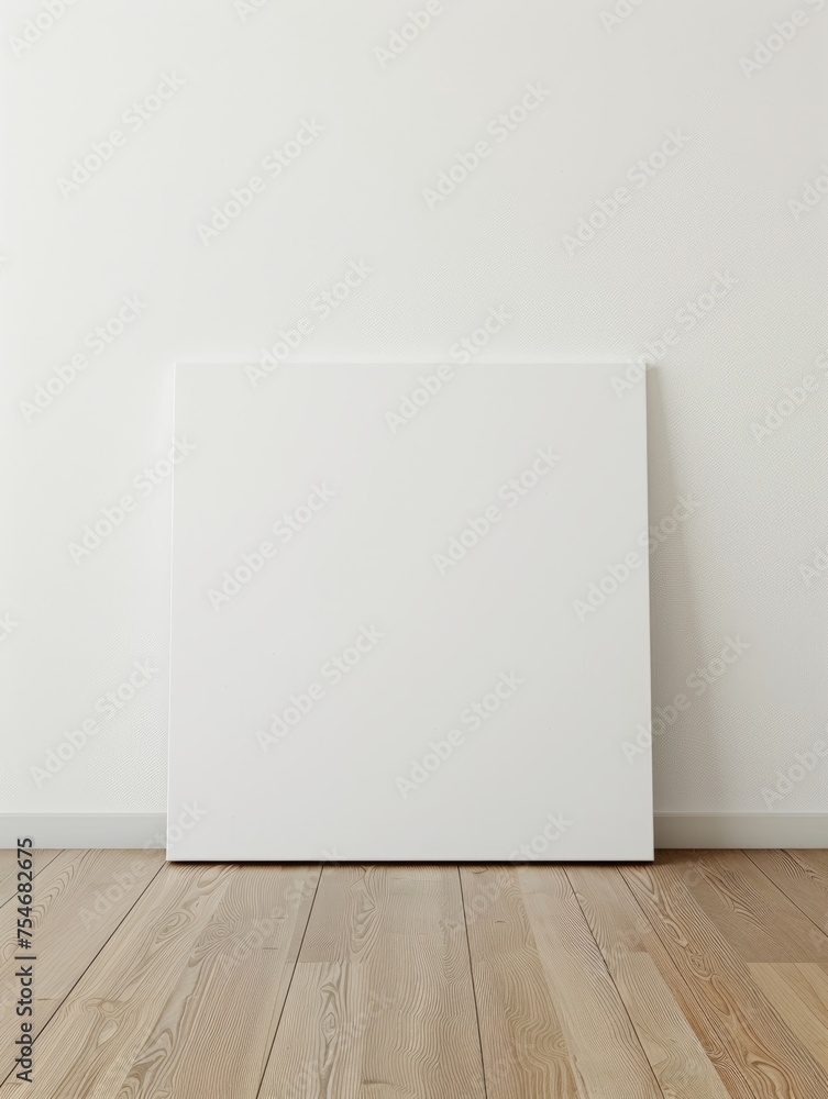 A blank canvas model leans against the white walls of a modern minimalist wood floor. A blank canvas model leans against the white walls of a modern minimalist wood floor.