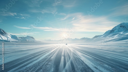 One or two cars were speeding down the piste and the sun was shining brightly.