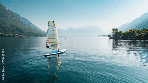 A windsurf board glides on the glassy surface of a lake surrounded by mountains, reflecting serenity and the sport of windsurfing photo