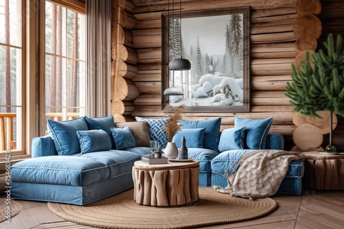 Interior of a light living room with blue sofas in a wooden country house. 8k