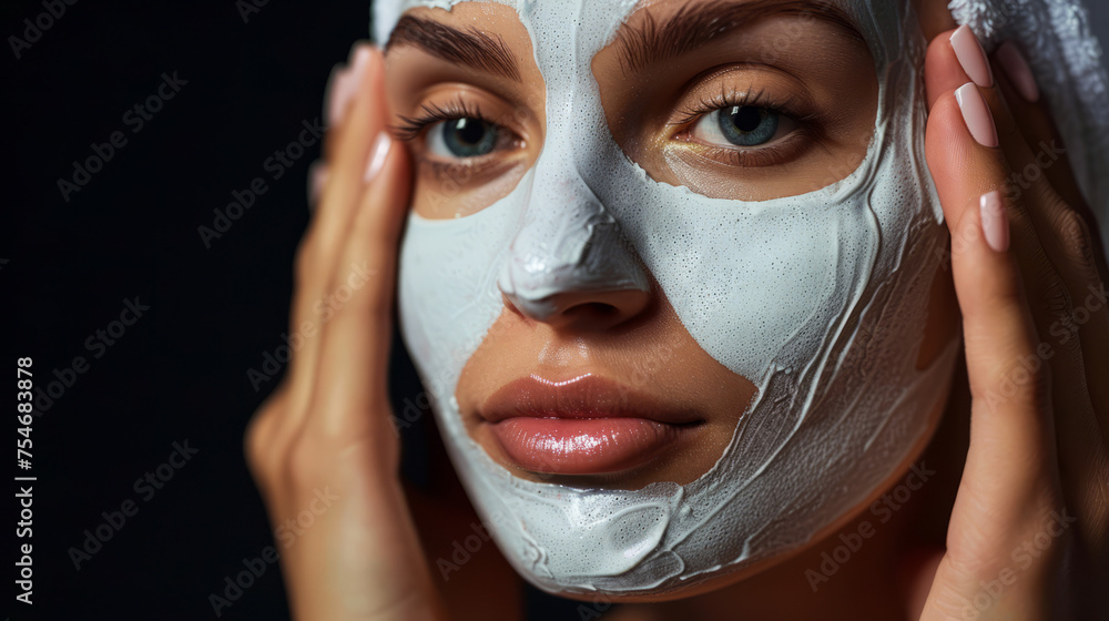 Detailed shot of a woman's face partially covered with a gray clay facial mask Detailed shot of a woman's face partially covered with a gray clay facial mask