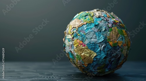 Fototapeta Naklejka Na Ścianę i Meble -  Ball of Earth, Design a globe-shaped object made of recycled materials, symbolizing the importance of reducing waste and conserving resources