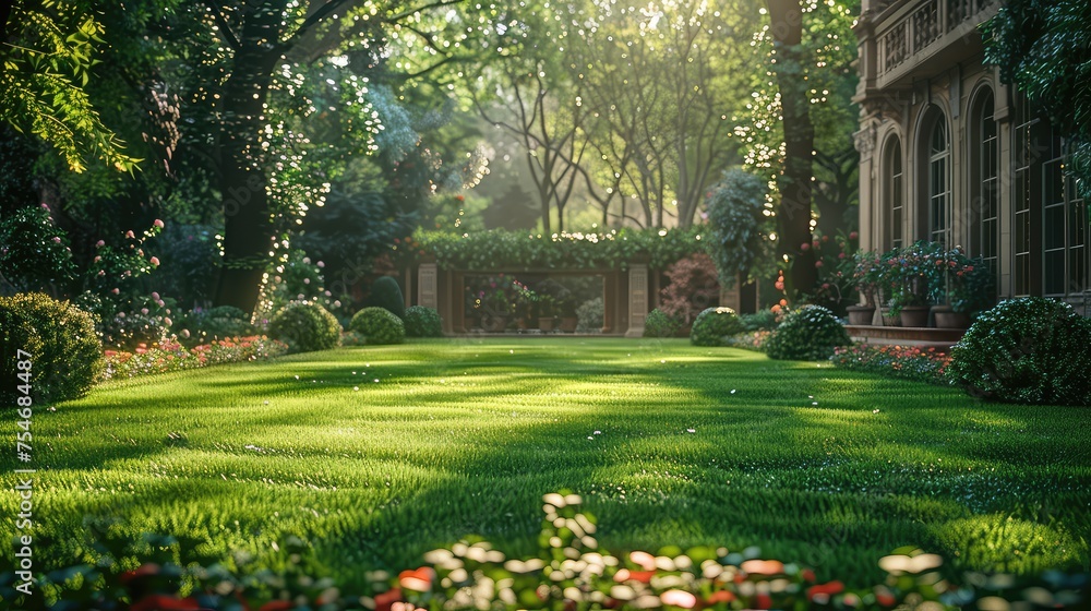 Lawn of Luxury, Capture a manicured lawn with elegant decorations, highlighting the beauty of well-maintained green spaces in urban environments