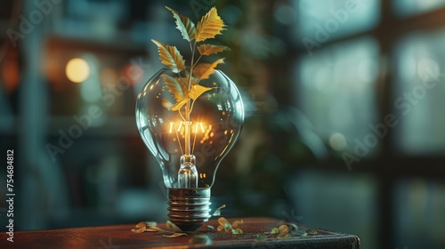 Growth Ideas, Illustrate a lightbulb sprouting leaves and branches, symbolizing the emergence of innovative solutions for environmental challenges photo