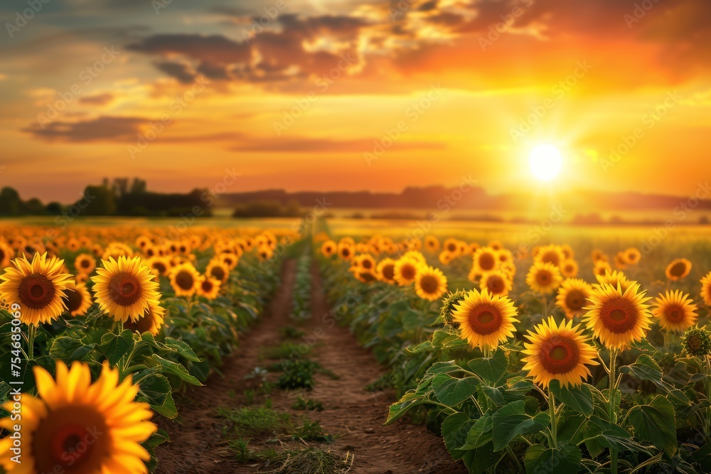 Fototapeta premium Walkway in the sunflower field Orange sunset background