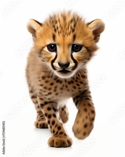 A cute cheetah cub with innocent eyes carefully steps forward, exploring its surroundings against a stark white background.
