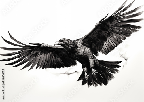 Black bird flying - monochrome crow illustration