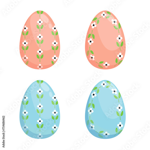 A set of Easter eggs painted with a floral pattern. Multi-colored decorated Easter eggs. Vector EPS10
