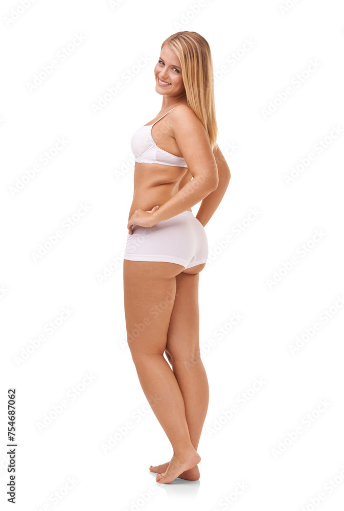 Portrait, fitness and underwear with beauty woman n studio isolated on white background for body positive wellness. Pride, health or natural and plus size female model looking confident from back Portrait, fitness and underwear with beauty woman n studio isolated on white background for body positive wellness. Pride, health or natural and plus size female model looking confident from back