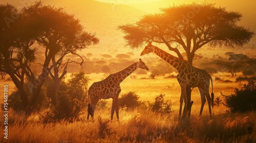 Intimate Wildlife Moment  Giraffe Pair in African Sunset.