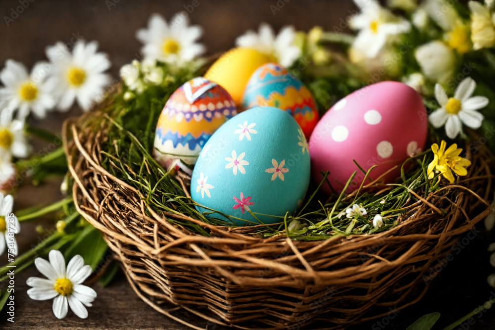 Easter eggs in a nest, surrounded by spring flowers Easter eggs in a nest, surrounded by spring flowers