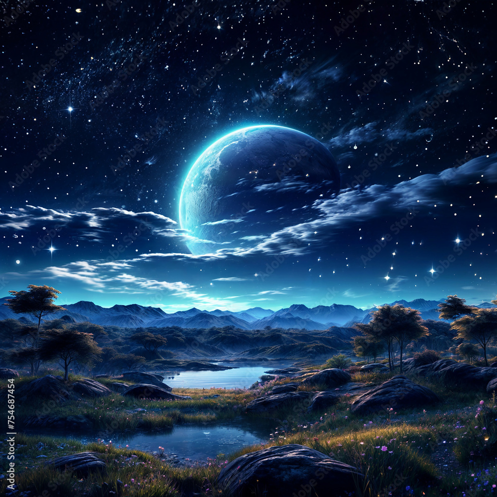 a night time image with moon stars and nature