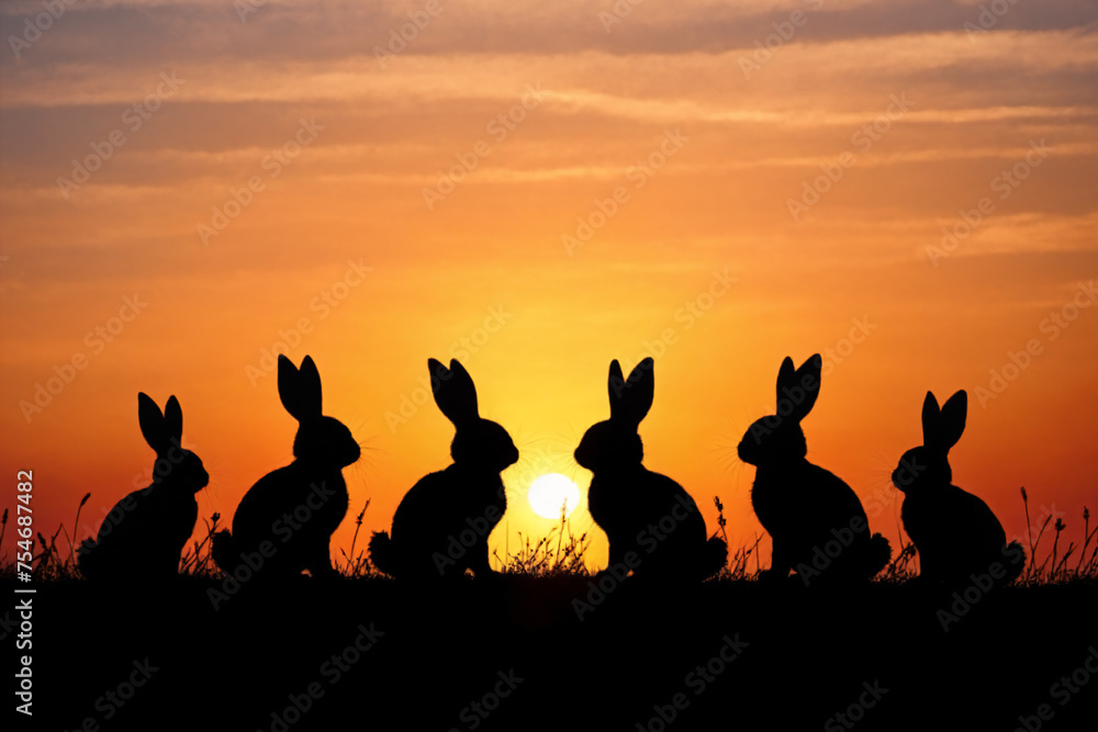 Fototapeta premium Easter bunnies silhouettes on a sunset sky