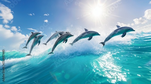 Energetic Dolphin Acrobatics in Sparkling Waves of Azure Ocean AI Generated.