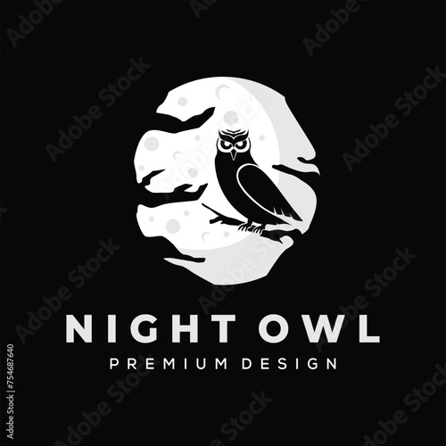 owl moon vintage logo vector minimalist illustration design, dark owl symbol design