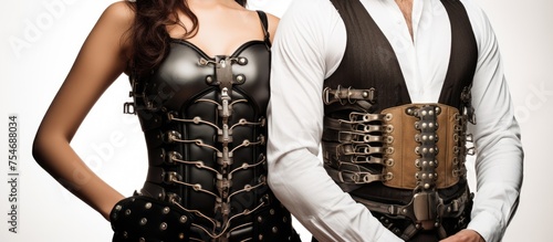A man and a woman, both wearing orthopedic corsets, are striking a pose for a photo. Their detailed corsets are visible as they stand against a white background. photo