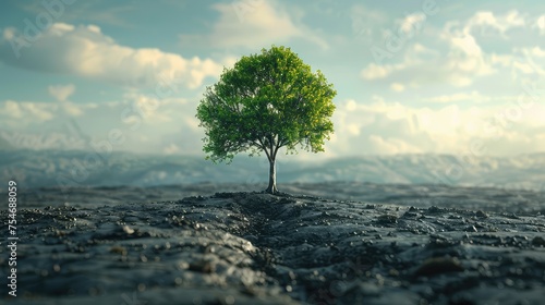 Isolated Growth  Illustrate a single tree growing amidst a barren landscape  symbolizing hope and resilience in the face of environmental challenges