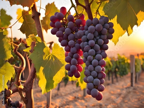 Closeup of red grapes hanging on vine in grape farm. Grape harvest. Growing grapes in the home garden concept. Wine making concept. International Grenache Day September 20 photo