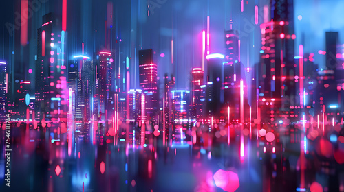Abstract blur art illustration of City Night Life with Neon Lights  and High Speed Lines. Concept Futuristic Background of glowing cityscape in the style of 80th