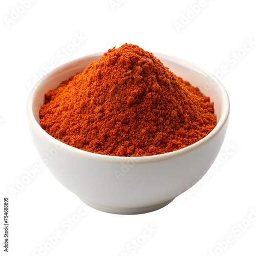 Paprika powder in a white bowl isolated on transparent background.