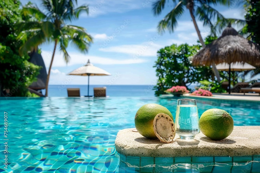 Obraz premium pool with artificial beach and tropical ocean. generative ai.