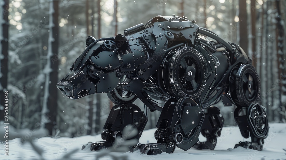 Fototapeta premium Biomechanical bear in a wildlife scene with mechanical robotic elements, in iron black and snow white colors.