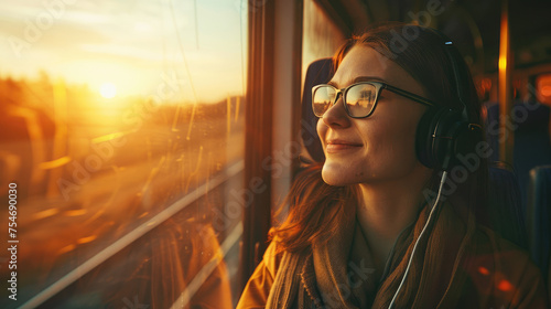Happy smiling young woman in glasses listening to music with headphones on the bus, looking out the window at the sunset, summer travel concept