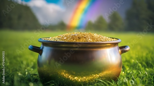 A pot filled with bitcoins on the grass with a rainbow.  Symbol of luck. Savings, earning profit, finance, investment concepts.  St. Patrick's Day holiday March 17.  photo
