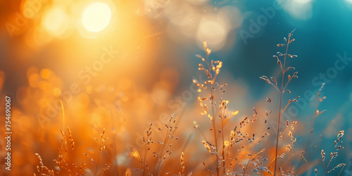 Abstract natural background of soft plant grass at sunset. grass on a blue orange blurry bokeh background, Dry grass plant boho style. grass at sunrise, beige banner 