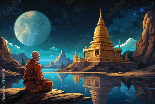 buddha monk old temple river cosmic night