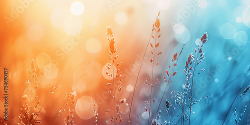 Abstract natural background of soft plant grass at sunset.  grass on a blue orange  blurry bokeh background, Dry grass  plant boho style. grass at sunrise, beige banner 