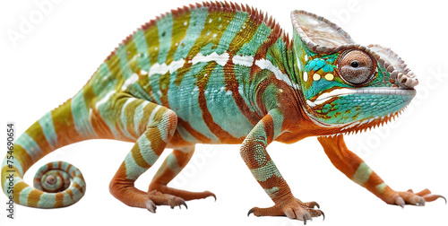 Chameleon in motion  jumping isolated on transparent background. Generative AI.