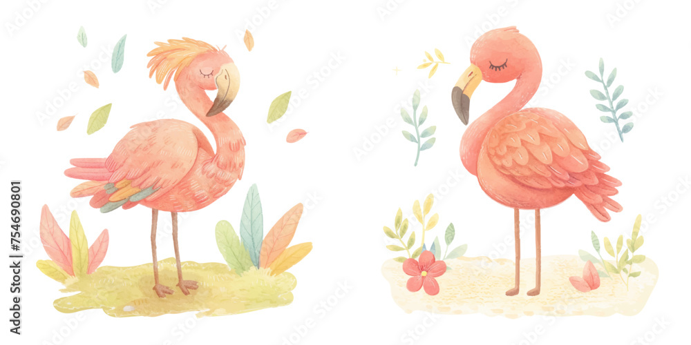  cute flamingo watercolour vector illustration 