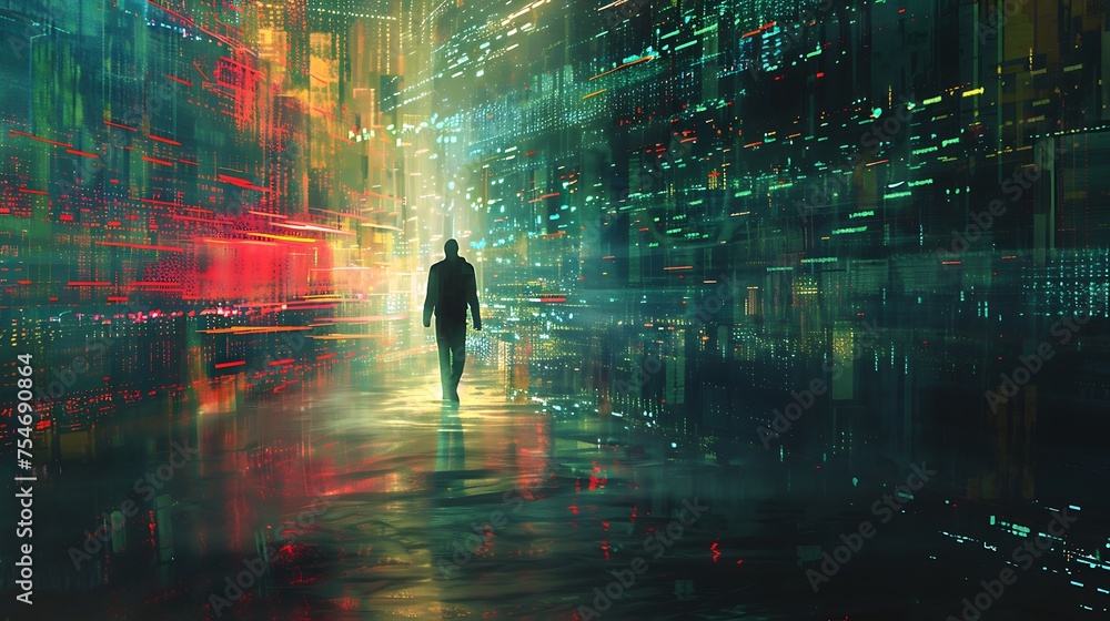 A man walks down a street in a city at night