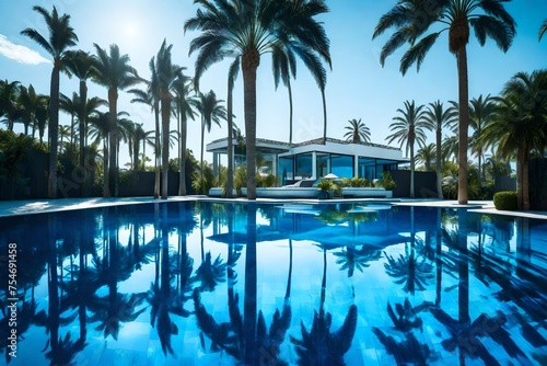 The electric blue water of the swimming pool reflects a palm tree  creating a stunning natural landscape art piece with a serene pattern and grass surroundings