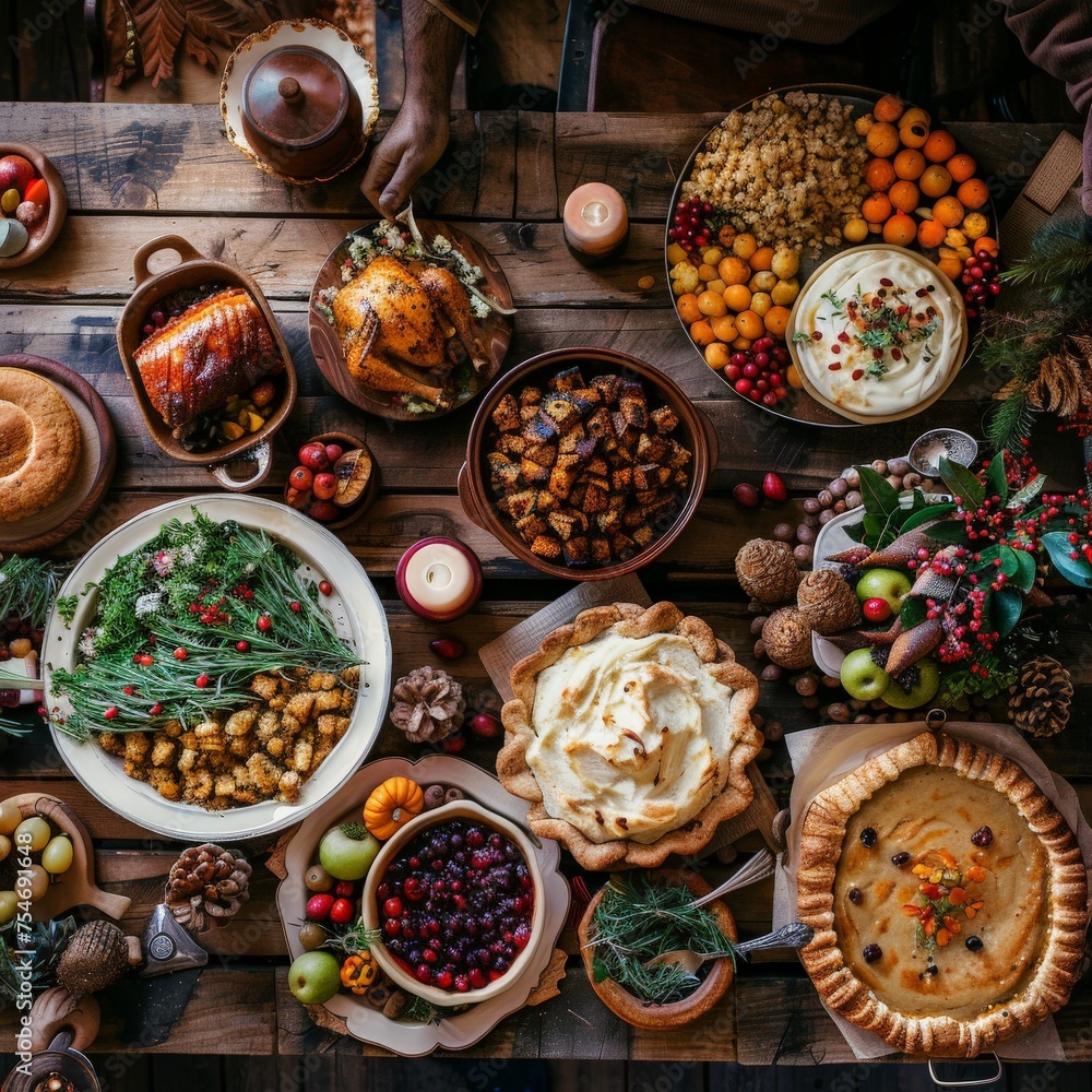 Aerial view of a Thanksgiving feast on a rustic table filled with traditional dishes turkey, cranberry sauce, stuffing, pies, and more