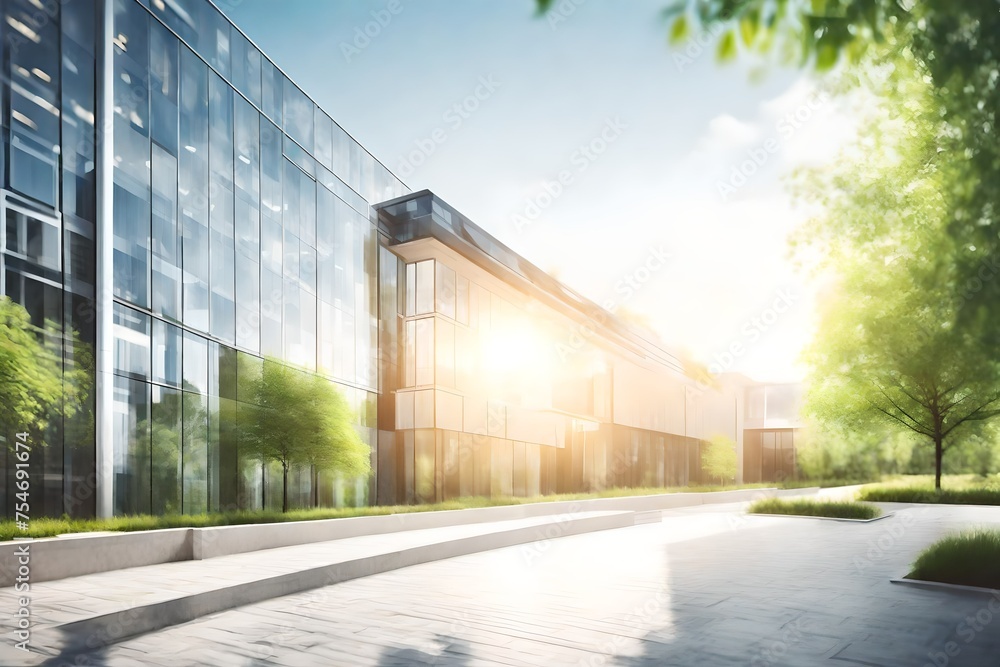 Blurred background of a modern office building with green trees and sunlight , eco friendly and ecological responsible business concept image with copy space