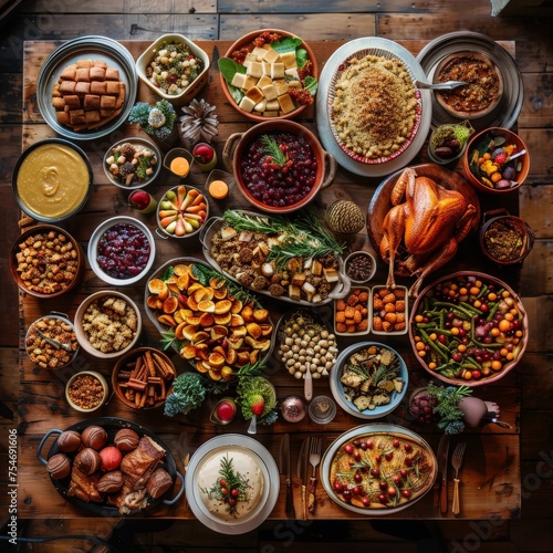 Aerial view of a Thanksgiving feast on a rustic table filled with traditional dishes—turkey, cranberry sauce, stuffing, pies, and more