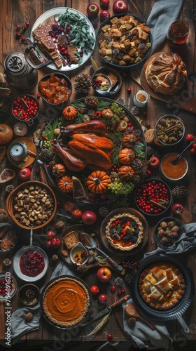 Aerial view of a Thanksgiving feast on a rustic table filled with traditional dishes turkey, cranberry sauce, stuffing, pies, and more