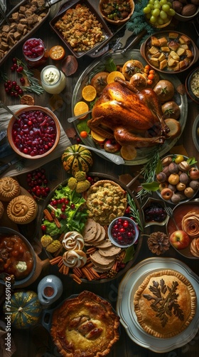 Aerial view of a Thanksgiving feast on a rustic table filled with traditional dishes turkey, cranberry sauce, stuffing, pies, and more