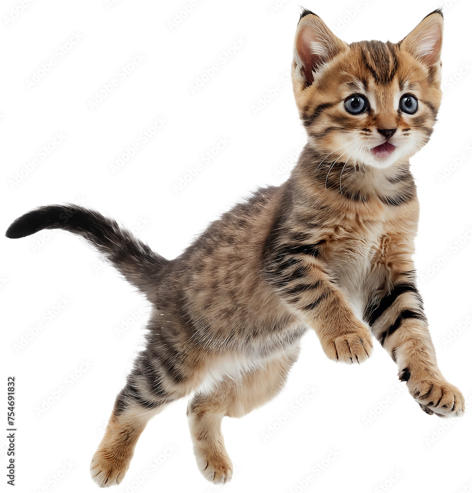 Portrait of cute playful kitty in motion, jumping isolated over transparent background. Generative AI. Portrait of cute playful kitty in motion, jumping isolated over transparent background. Generative AI.