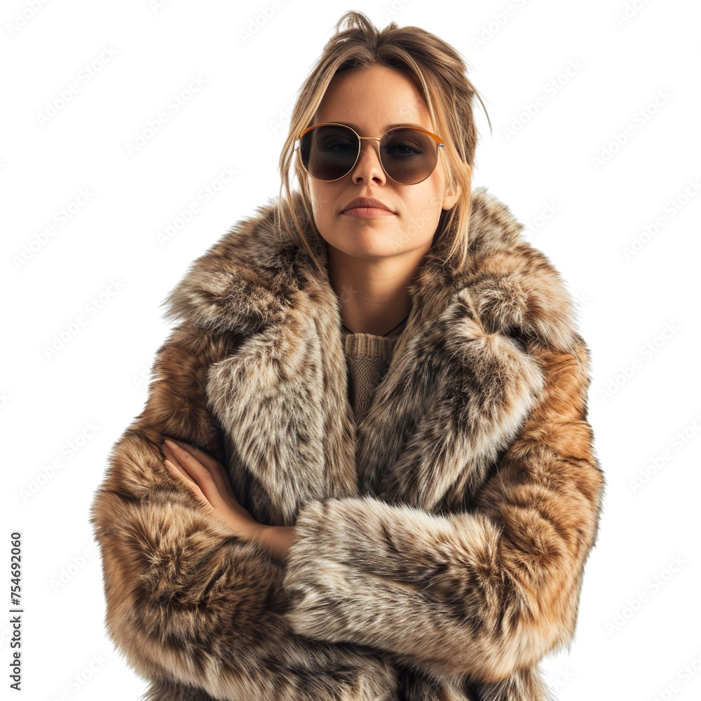 Front view mid body shot of an extremely beautiful female Caucasian model wearing a lynx fur coat with sunglasses on a white transparent background Front view mid body shot of an extremely beautiful female Caucasian model wearing a lynx fur coat with sunglasses on a white transparent background