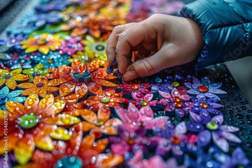 Focused on colorful pieces, the autistic child completed the intricate puzzle, achieving a rewarding moment.
