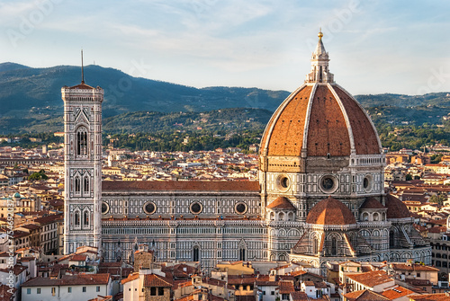 Florence aerial cityscape with Cattedrale di Santa Maria del Fiore or Florence Cathedral (Il Duomo di Firenze), a famous UNESCO World Heritage Site and a major tourist attraction of Tuscany Italy
