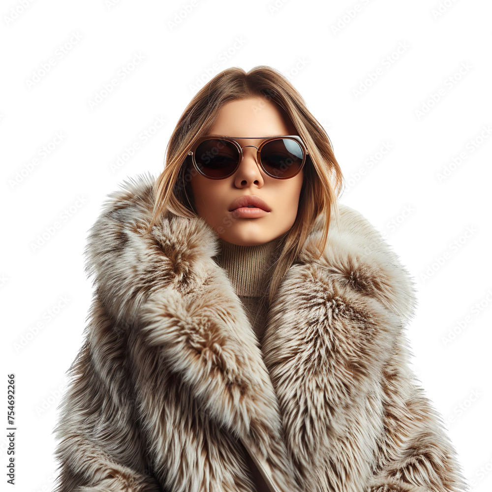 Front view mid body shot of an extremely beautiful female Caucasian model wearing a seal fur coat with sunglasses on a white transparent background Front view mid body shot of an extremely beautiful female Caucasian model wearing a seal fur coat with sunglasses on a white transparent background