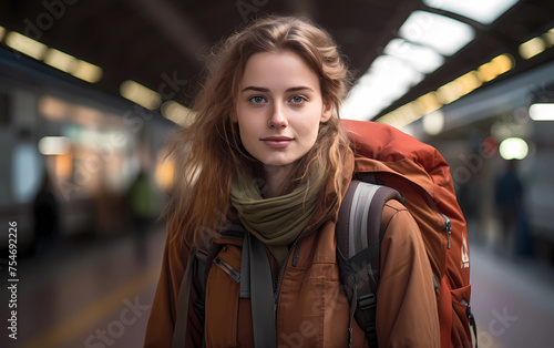 Portrait of young woman in brown jacket with backpack at the railway station near the train, spring time